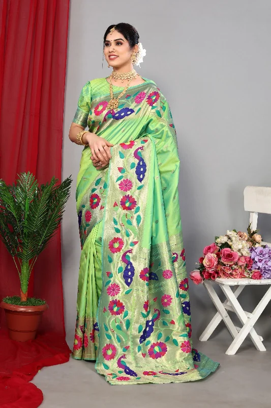 NOZ2TOZ Women Wedding Wear Zari Weaving Paithani Silk Saree with Unstitched Blouse - Dark Parrot Green Pleated Collar Blouse NOZ2TOZ Women Wedding Wear Zari Weaving Paithani Silk Saree with Unstitched Blouse - Dark Parrot Green Pleated Collar Blouse