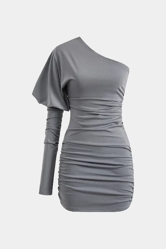 Ruched One Shoulder Long Sleeve Mini Dress Cozy Knit Mini Dress
