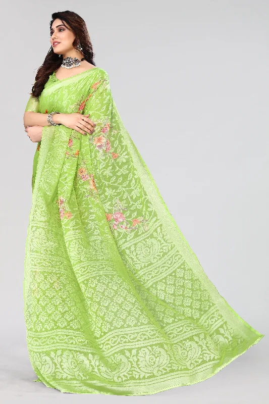 NOZ2TOZ Women Party Wear Printed Brasso Chiffon Saree with Unstitched Blouse - Pista Green Soft Satin Blouse NOZ2TOZ Women Party Wear Printed Brasso Chiffon Saree with Unstitched Blouse - Pista Green Soft Satin Blouse