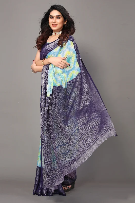 NOZ2TOZ Women Party Wear Printed Brasso Chiffon Saree with Unstitched Blouse - Navy Blue Modern Oversized Blouse NOZ2TOZ Women Party Wear Printed Brasso Chiffon Saree with Unstitched Blouse - Navy Blue Modern Oversized Blouse