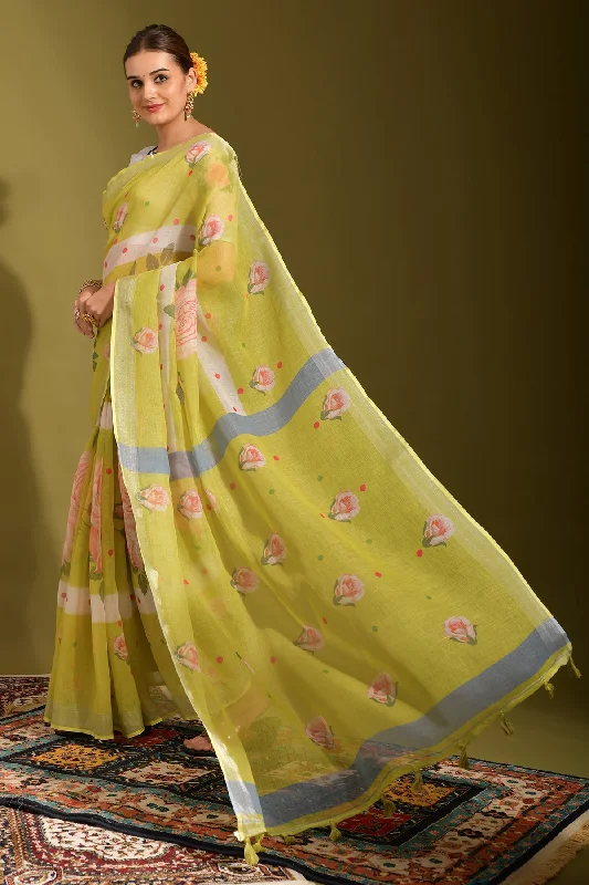 NOZ2TOZ Women Party Wear Printed Linen Saree with Unstitched Blouse - Lemon Yellow Loose Fit Blouse NOZ2TOZ Women Party Wear Printed Linen Saree with Unstitched Blouse - Lemon Yellow Loose Fit Blouse