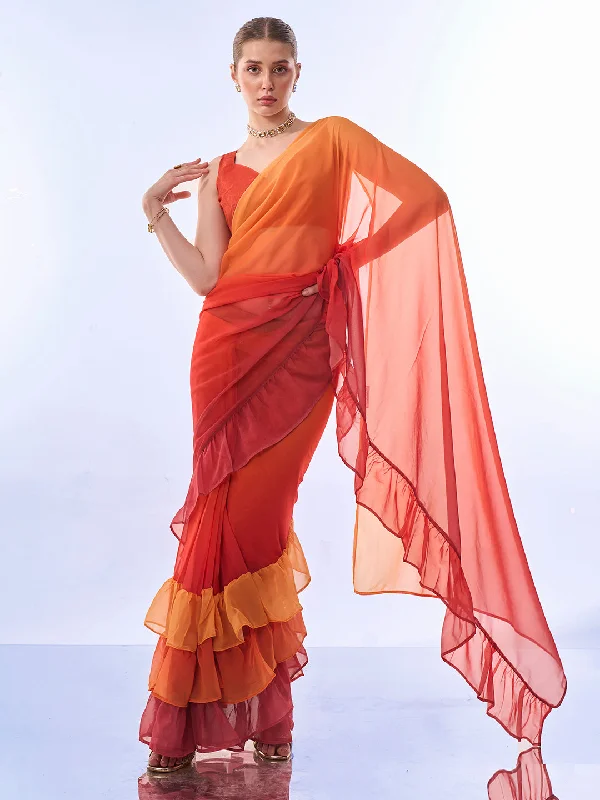 NOZ2TOZ Women Party Wear Printed Ruffles Ready to Wear Georgette Saree with Unstitched Blouse(Size Up to 42) - Orange Business Casual Blouse NOZ2TOZ Women Party Wear Printed Ruffles Ready to Wear Georgette Saree with Unstitched Blouse(Size Up to 42) - Orange Business Casual Blouse