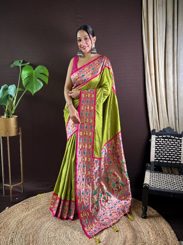 NOZ2TOZ Women Party Wear Zari Weaving Paithani Silk Saree with Unstitched Blouse - Green Playful Puff Blouse NOZ2TOZ Women Party Wear Zari Weaving Paithani Silk Saree with Unstitched Blouse - Green Playful Puff Blouse