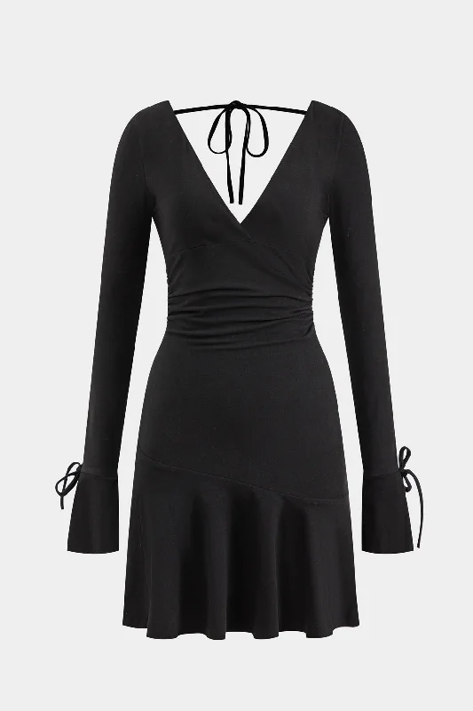 Ruched V-Neck Tie Back Long Sleeve Mini Dress Comfortable Ruffle Mini Dress