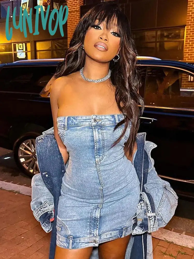 Lunivop Autumn Winter Women Sexy Strapless Denim Dress Solid Slim Fit Bodycon Mini Dress For Women Comfortable Off-Shoulder Mini Dress Lunivop Autumn Winter Women Sexy Strapless Denim Dress Solid Slim Fit Bodycon Mini Dress For Women Comfortable Off-Shoulder Mini Dress