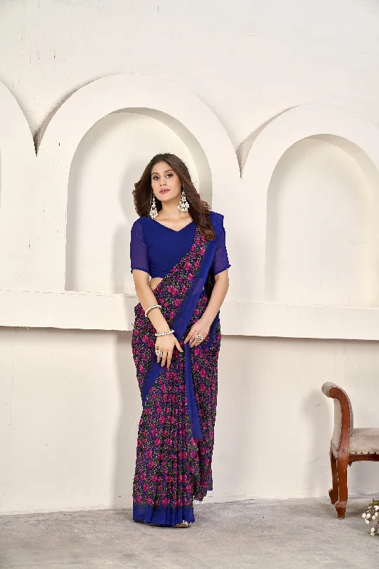 NOZ2TOZ Women Casual Wear Printed Weight Less Saree with Unstitched Blouse - Blue Delicate Bow Blouse NOZ2TOZ Women Casual Wear Printed Weight Less Saree with Unstitched Blouse - Blue Delicate Bow Blouse