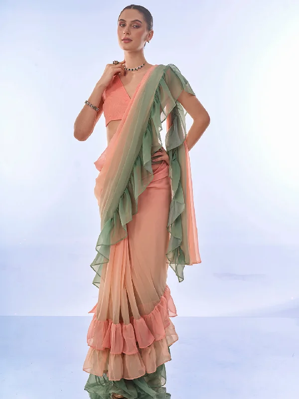 NOZ2TOZ Women Party Wear Printed Ruffles Ready to Wear Georgette Saree with Unstitched Blouse(Size Up to 42) - Peach & Green Classic Minimalist Blouse NOZ2TOZ Women Party Wear Printed Ruffles Ready to Wear Georgette Saree with Unstitched Blouse(Size Up to 42) - Peach & Green Classic Minimalist Blouse