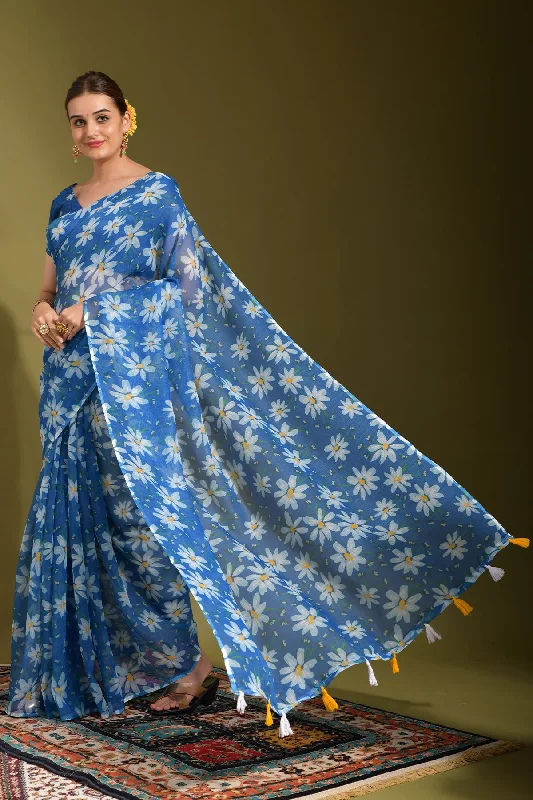 NOZ2TOZ Women Party Wear Printed Linen Saree with Unstitched Blouse - Blue Classic White Blouse NOZ2TOZ Women Party Wear Printed Linen Saree with Unstitched Blouse - Blue Classic White Blouse