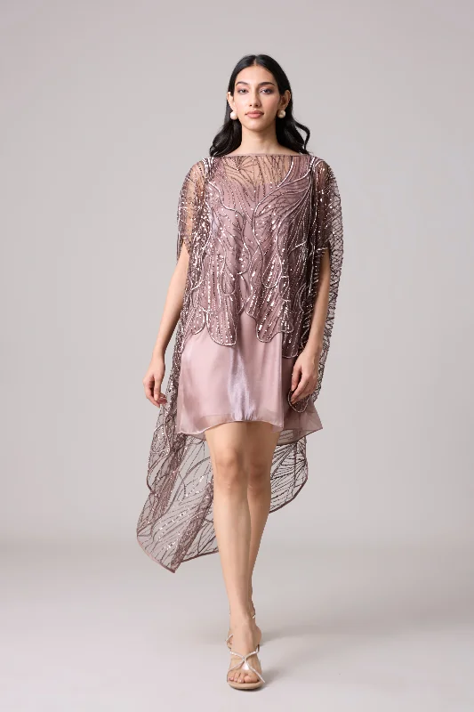 Leah Embroidered Cape Mini Dress - Rose Ash & Burnt Mauve Comfortable Wrap Mini Dress Leah Embroidered Cape Mini Dress - Rose Ash & Burnt Mauve Comfortable Wrap Mini Dress