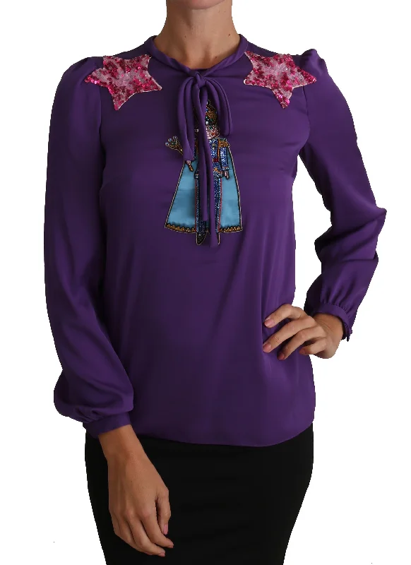 Dolce & Gabbana Enchanted Purple Silk Crystal Women's Blouse Feminine Tie Blouse