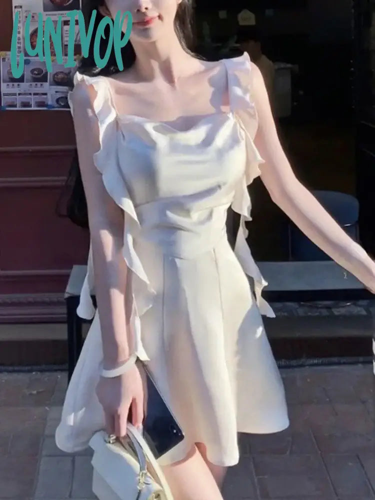 Lunivop Summer Backless Elegant Fairy Mini Dress Women Korean Fashion Strap Party Dess Female Ruffle Flounce Vintage Designer Dress Trendy Mini Dress with Belt