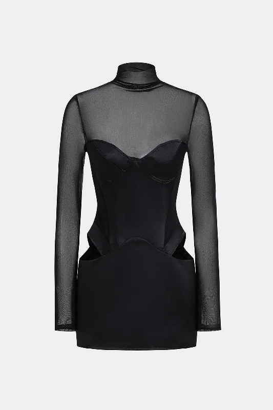 Satin Mesh Patchwork Cut Out Mock Neck Bustier Long Sleeve Mini Dress Trendy Mesh Mini Dress