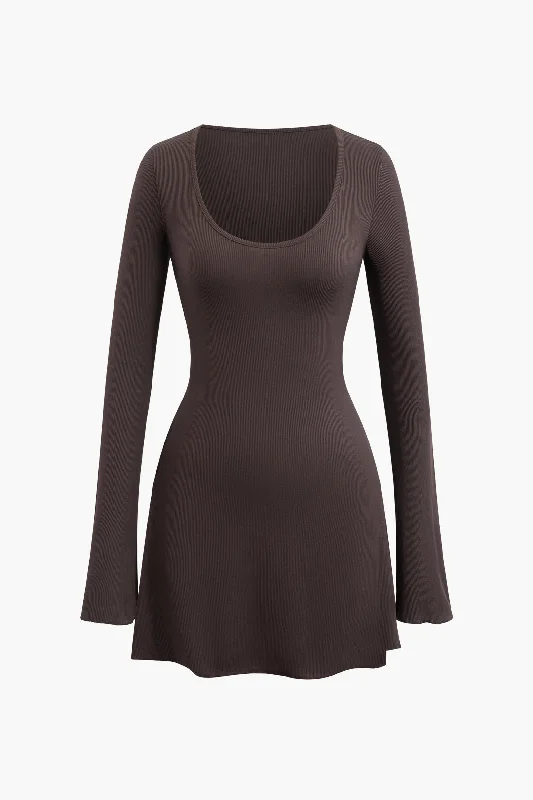 U Neck Tie Back Long Sleeve Mini Dress Fashionable Polka Dot Mini Dress