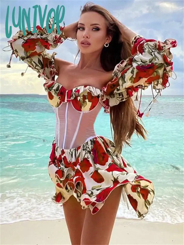 Lunivop Patchwork Ruffle Print Mesh Off Shoulder Dress Women Sweet Tie Up See Through Long Sleeve Mini Dress Holiday Outfits Sexy Dress Elegant Off-Shoulder Dress Mini Lunivop Patchwork Ruffle Print Mesh Off Shoulder Dress Women Sweet Tie Up See Through Long Sleeve Mini Dress Holiday Outfits Sexy Dress Elegant Off-Shoulder Dress Mini