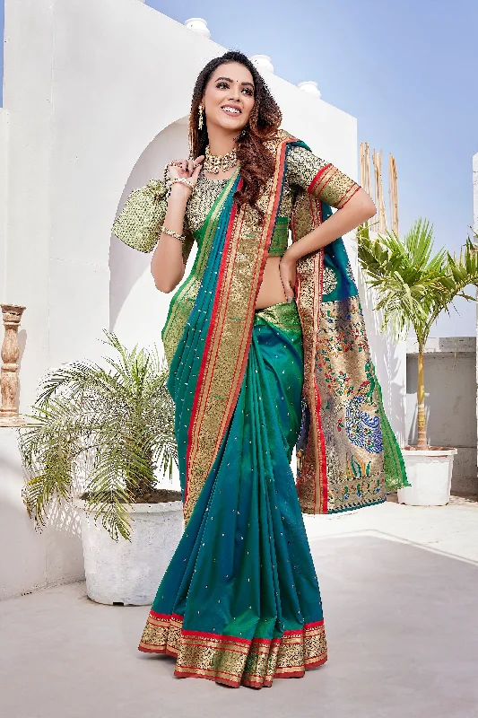 NOZ2TOZ Women Wedding Wear Zari Weaving Paithani Silk Saree with Unstitched Blouse - Green Lightweight Tunic Blouse NOZ2TOZ Women Wedding Wear Zari Weaving Paithani Silk Saree with Unstitched Blouse - Green Lightweight Tunic Blouse