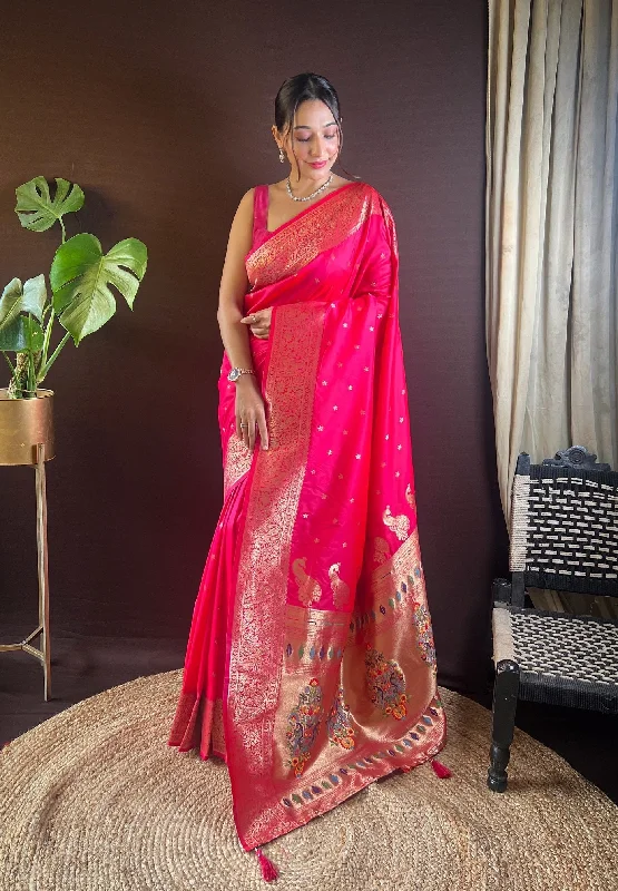 NOZ2TOZ Women Party Wear Zari Weaving Paithani Silk Saree with Unstitched Blouse - Pink Balloon Sleeve Blouse NOZ2TOZ Women Party Wear Zari Weaving Paithani Silk Saree with Unstitched Blouse - Pink Balloon Sleeve Blouse