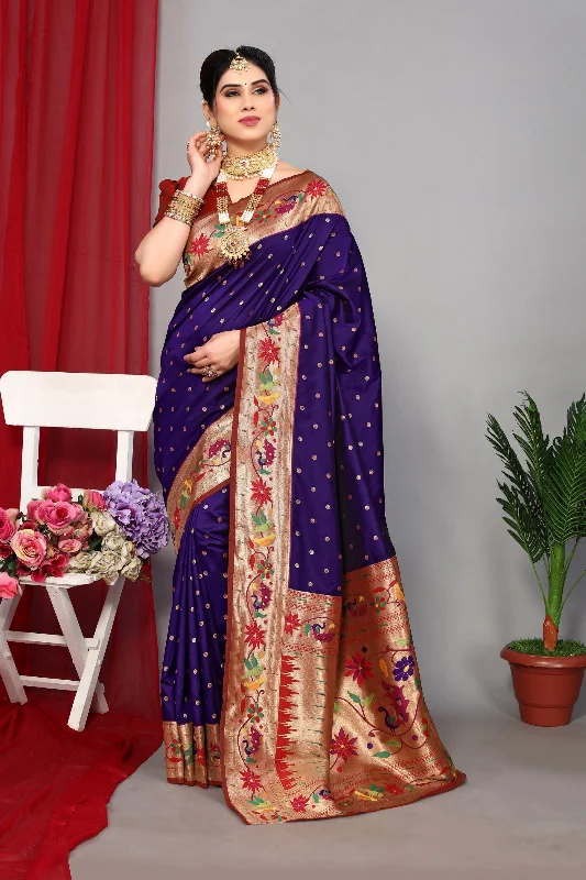 NOZ2TOZ Women Wedding Wear Zari Weaving Paithani Silk Saree with Unstitched Blouse - Blue Polished Work Blouse NOZ2TOZ Women Wedding Wear Zari Weaving Paithani Silk Saree with Unstitched Blouse - Blue Polished Work Blouse