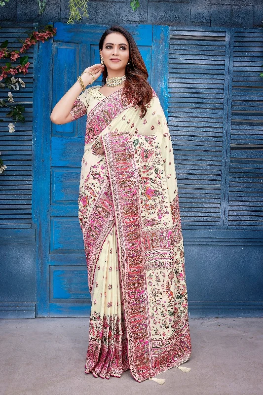NOZ2TOZ Women Wedding Wear Jacquard Weaving Worked Pure Pashmina Saree with Unstitched Blouse - Off White Off-Shoulder Wrap Blouse NOZ2TOZ Women Wedding Wear Jacquard Weaving Worked Pure Pashmina Saree with Unstitched Blouse - Off White Off-Shoulder Wrap Blouse