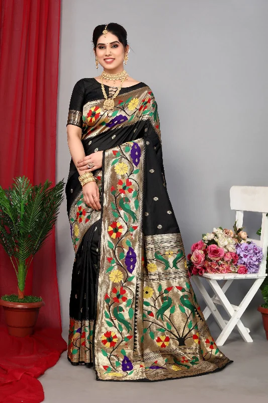 NOZ2TOZ Women Wedding Wear Zari Weaving Paithani Silk Saree with Unstitched Blouse - Black Semi-Sheer Blouse NOZ2TOZ Women Wedding Wear Zari Weaving Paithani Silk Saree with Unstitched Blouse - Black Semi-Sheer Blouse