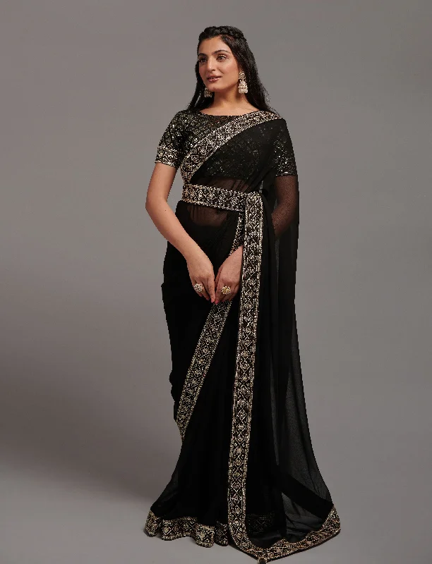 NOZ2TOZ Women Party Wear Premium Chinon Silk Saree with Unstitched Blouse - Black Peter Pan Collar Blouse NOZ2TOZ Women Party Wear Premium Chinon Silk Saree with Unstitched Blouse - Black Peter Pan Collar Blouse