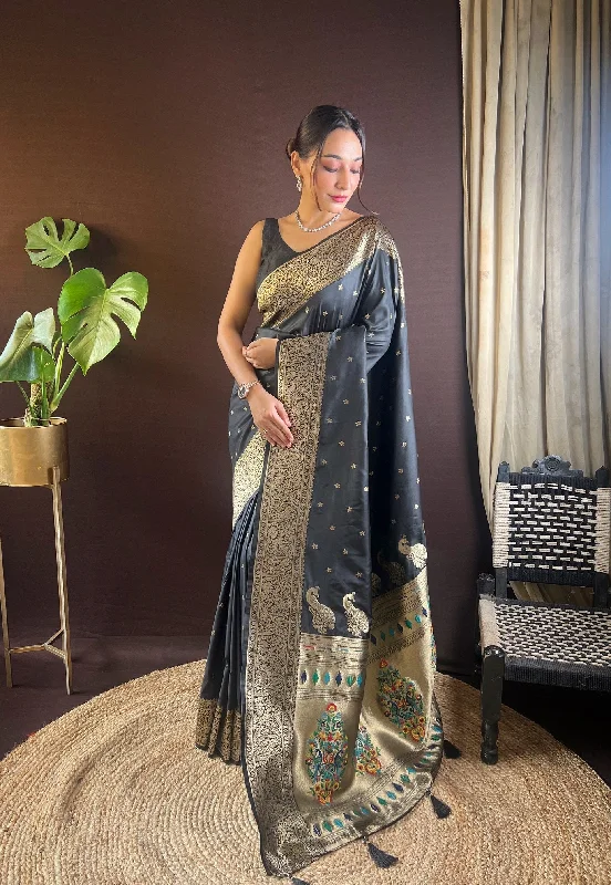 NOZ2TOZ Women Party Wear Zari Weaving Paithani Silk Saree with Unstitched Blouse - Black Soft Modal Blouse NOZ2TOZ Women Party Wear Zari Weaving Paithani Silk Saree with Unstitched Blouse - Black Soft Modal Blouse