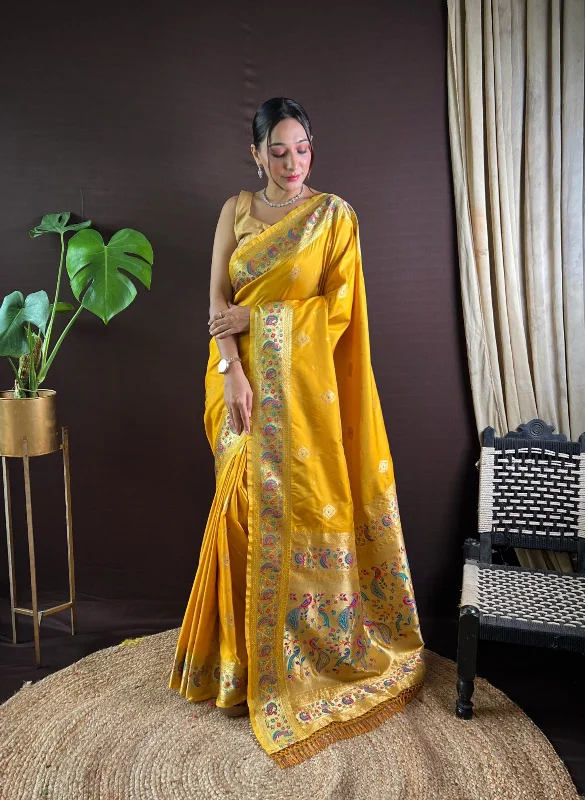 NOZ2TOZ Women Party Wear Zari Weaving Paithani Silk Saree with Unstitched Blouse - Yellow Boho Printed Blouse NOZ2TOZ Women Party Wear Zari Weaving Paithani Silk Saree with Unstitched Blouse - Yellow Boho Printed Blouse