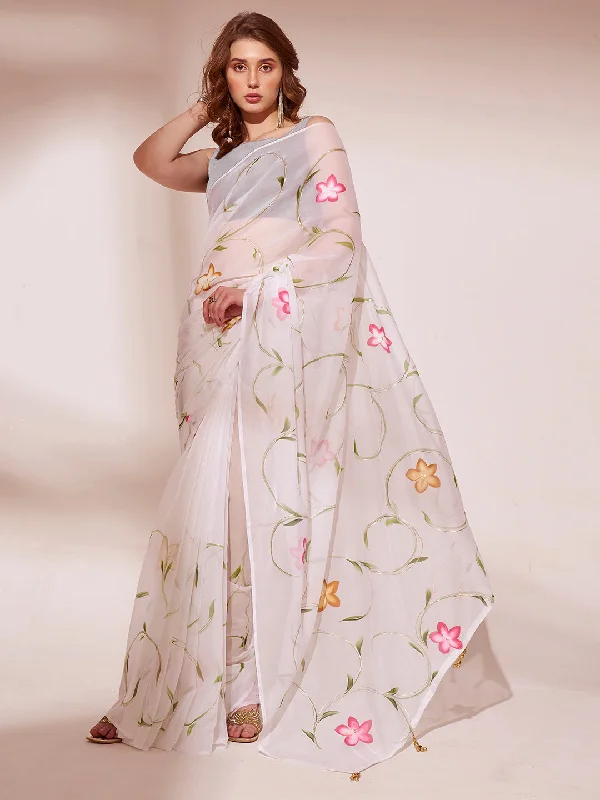 NOZ2TOZ Women Party Wear Organza Saree with Unstitched Blouse - Off White Peter Pan Blouse NOZ2TOZ Women Party Wear Organza Saree with Unstitched Blouse - Off White Peter Pan Blouse