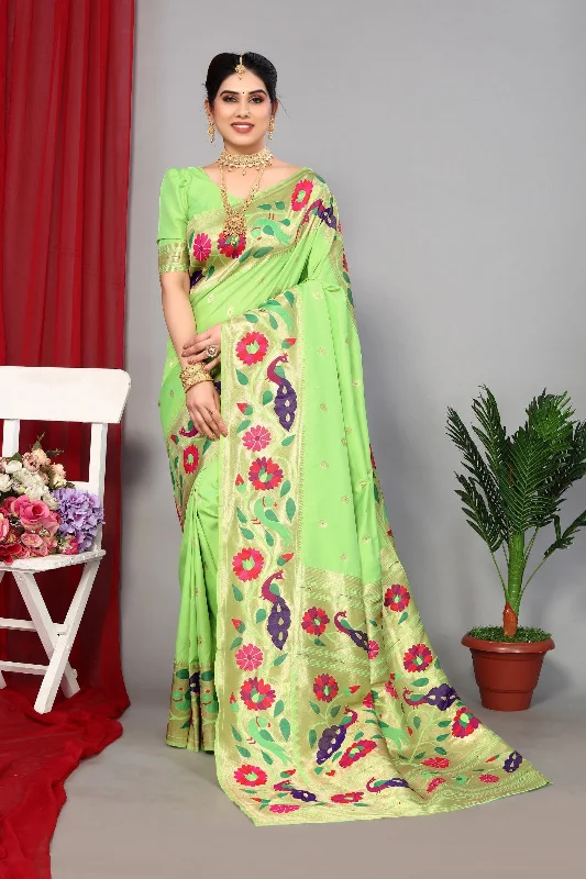 NOZ2TOZ Women Wedding Wear Zari Weaving Paithani Silk Saree with Unstitched Blouse - Light Parrot Green Loose Fit Blouse NOZ2TOZ Women Wedding Wear Zari Weaving Paithani Silk Saree with Unstitched Blouse - Light Parrot Green Loose Fit Blouse
