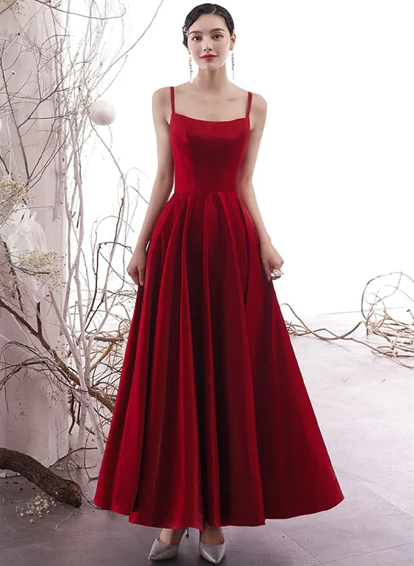 Wine Red Satin Cross Back Long Prom Dress, Wine Red Wedding Party Dress Tunics Solid Classic