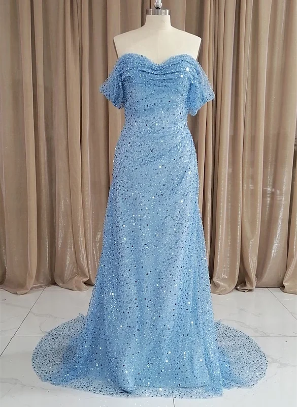 Blue Sequins Off Shoulder Sweep Train Party Dress, Blue Sweetheart Long Formal Dress Off-the-shoulder Bohemian Festive Blue Sequins Off Shoulder Sweep Train Party Dress, Blue Sweetheart Long Formal Dress Off-the-shoulder Bohemian Festive