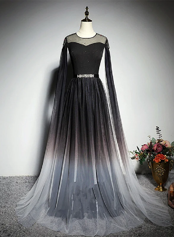 Black Gradient Round Neckline Tulle Long Formal Dress, Black Evening Gown Party Dress Tunics Stylish modern Black Gradient Round Neckline Tulle Long Formal Dress, Black Evening Gown Party Dress Tunics Stylish modern