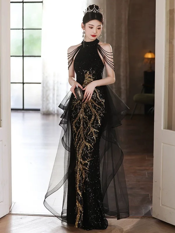 Chic Black Sequins Halter Party Dress with Lace Applique, Black Long Prom Dress Tunics Sophisticated sleek Chic Black Sequins Halter Party Dress with Lace Applique, Black Long Prom Dress Tunics Sophisticated sleek