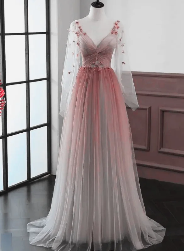 Lovely Gradient A-line Tulle Long Sleeves Party Dress, Gradient Prom Dress Tunics Occasion special Lovely Gradient A-line Tulle Long Sleeves Party Dress, Gradient Prom Dress Tunics Occasion special