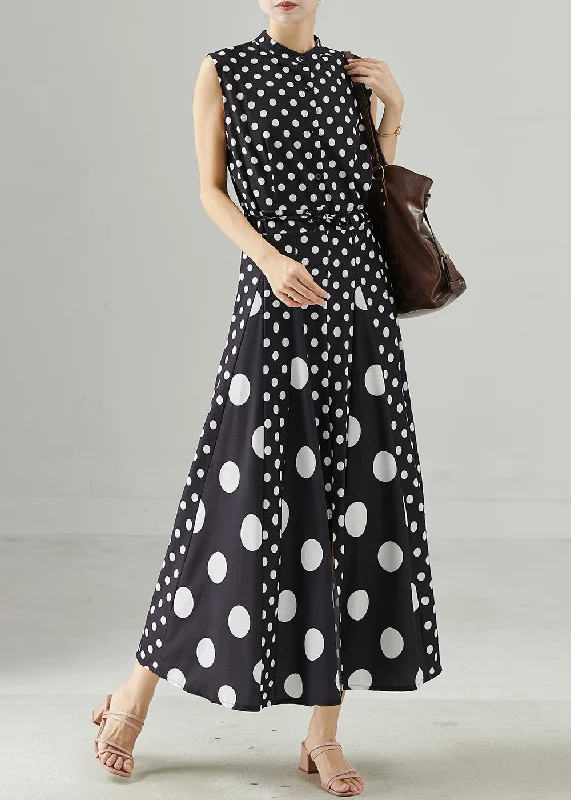 Fitted Black Dot Patchwork Tie Waist Party Dress Sleeveless Tunics Sophisticated sleek Fitted Black Dot Patchwork Tie Waist Party Dress Sleeveless Tunics Sophisticated sleek
