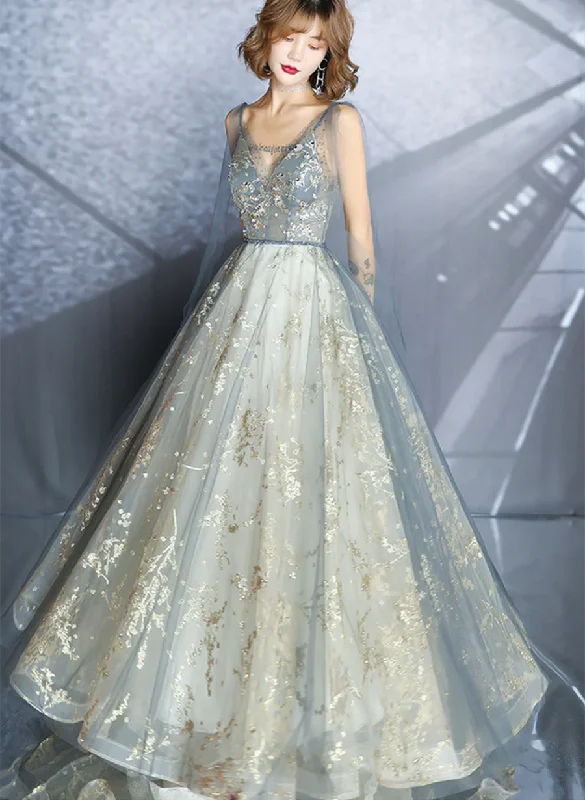 V-neckline Tulle with Lace Low Back Party Dress, A-line Tulle Blue Formal Dress Tunics Practical easy-care V-neckline Tulle with Lace Low Back Party Dress, A-line Tulle Blue Formal Dress Tunics Practical easy-care
