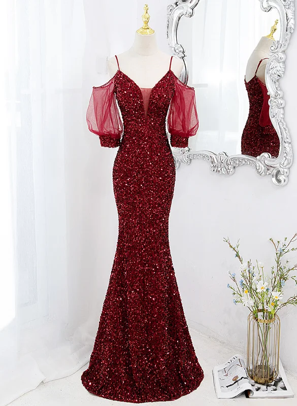 Wine Red Sequins Mermaid Long Party Dress, Wine Red Evening Dress Prom Dress Tunics Sophisticated sleek Wine Red Sequins Mermaid Long Party Dress, Wine Red Evening Dress Prom Dress Tunics Sophisticated sleek