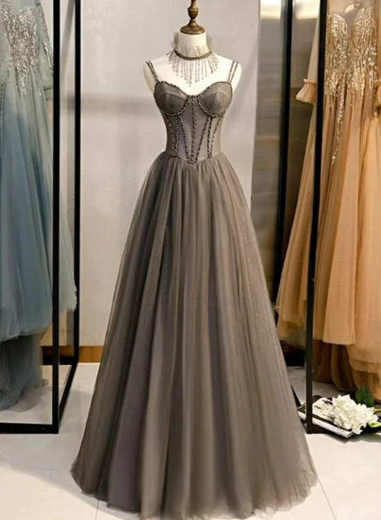 Glam Grey Beaded Tulle Long Evening Dress Party Dress, A-line Straps Evening Formal Dresses Tunics Solid Classic Glam Grey Beaded Tulle Long Evening Dress Party Dress, A-line Straps Evening Formal Dresses Tunics Solid Classic