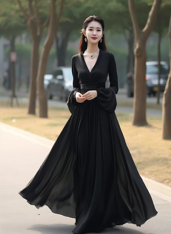 Black Chiffon Long Sleeves V-neckline Party Dress, Black Formal Dress Evening Dress Crew Neckline Sporty Black Chiffon Long Sleeves V-neckline Party Dress, Black Formal Dress Evening Dress Crew Neckline Sporty