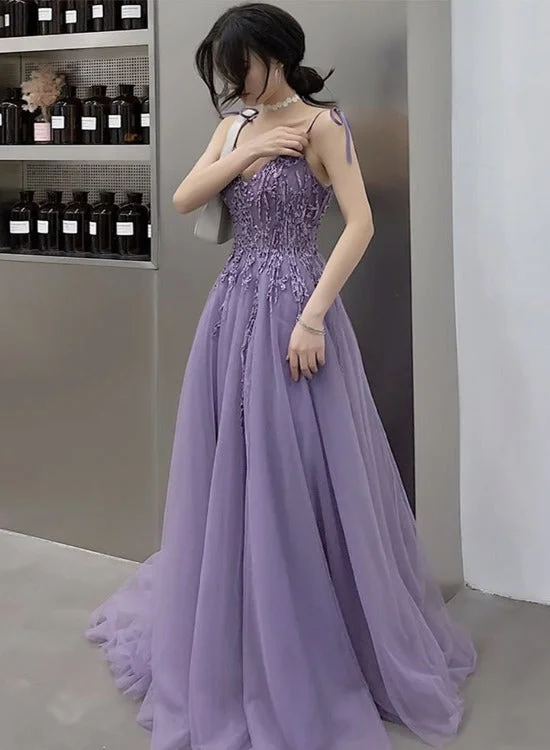 Purple Lace V-neckline Tulle Straps Low Back Tulle Party Dresses, Purple A-line Evening Dresses Tunics Sophisticated sleek Purple Lace V-neckline Tulle Straps Low Back Tulle Party Dresses, Purple A-line Evening Dresses Tunics Sophisticated sleek