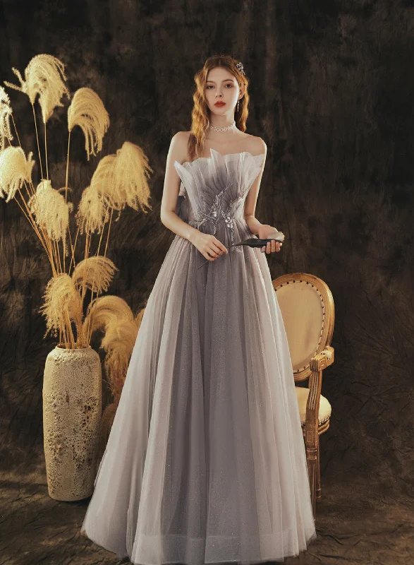 Grey Gradient Tulle Beaded A-line Lace-up Party Dress, Grey Long Prom Dress Tunics Luxurious high-end Grey Gradient Tulle Beaded A-line Lace-up Party Dress, Grey Long Prom Dress Tunics Luxurious high-end