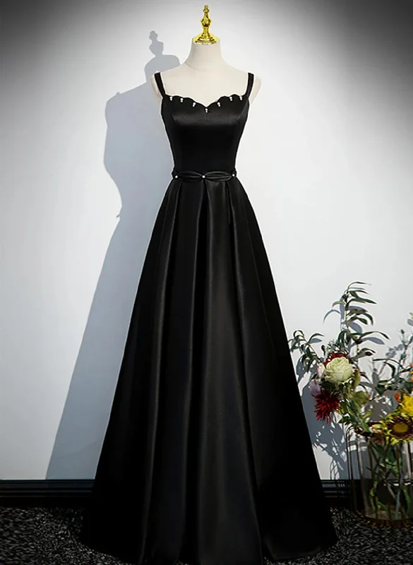 A-line Black Straps Beaded Satin Long Party Dress, Black Prom Dress Tunics Cozy comfortable