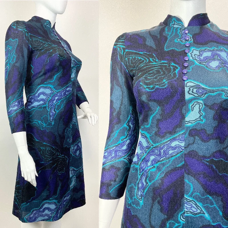 VINTAGE 60s 70s BLUE PURPLE BLACK PSYCHEDELIC GEODE MOD MANDARIN COLLAR DRESS 16 Tunics Exclusive limited