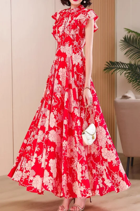 Red floral printed maxi chiffon dresses for women 4990 Tunics Lace romantic