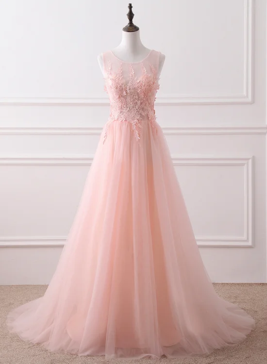 Pink Tulle Round Lace Applique Long Formal Dress, Pink Tulle Junior Prom Dress Party Dress Tunics Cozy soft Pink Tulle Round Lace Applique Long Formal Dress, Pink Tulle Junior Prom Dress Party Dress Tunics Cozy soft