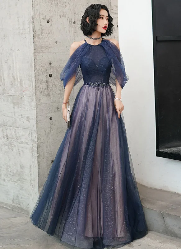 A-line Halter Tulle Floor Length Prom Dress, Blue Long Party Dresses Tunics Custom made A-line Halter Tulle Floor Length Prom Dress, Blue Long Party Dresses Tunics Custom made