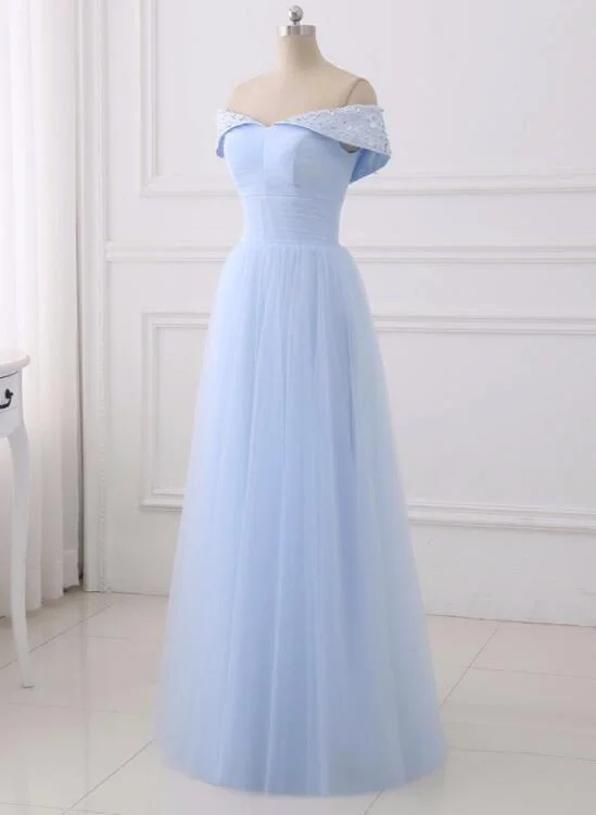 Light Blue Simple Bridesmaid Dresses, Off Shoulder Party Dress, Simple Tulle Junior Prom Dress Square Neckline Feminine Light Blue Simple Bridesmaid Dresses, Off Shoulder Party Dress, Simple Tulle Junior Prom Dress Square Neckline Feminine
