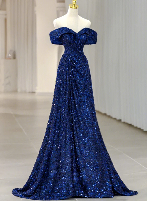 Blue Sequins Sweetheart Off Shoulder Party Dress, A-line Blue Long Evening Dress Prom Dress Turtleneck Neckline Stylish Blue Sequins Sweetheart Off Shoulder Party Dress, A-line Blue Long Evening Dress Prom Dress Turtleneck Neckline Stylish