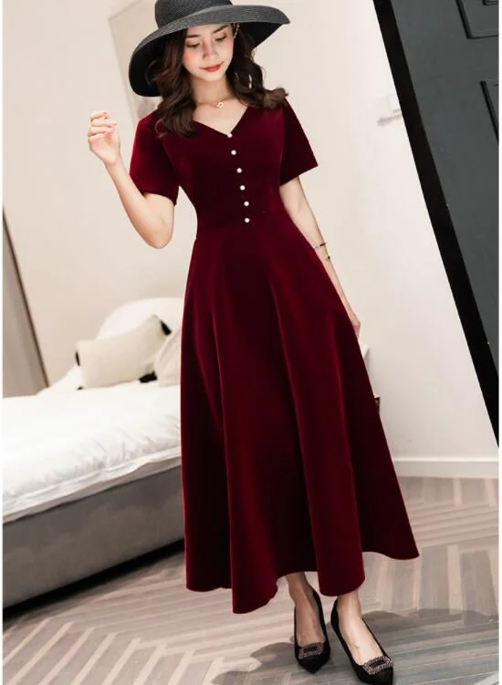 Wine Red Tea Length Short Sleeves Vintage Style Party Dress, Velvet Bridesmaid Dress Tunics Winter warm Wine Red Tea Length Short Sleeves Vintage Style Party Dress, Velvet Bridesmaid Dress Tunics Winter warm