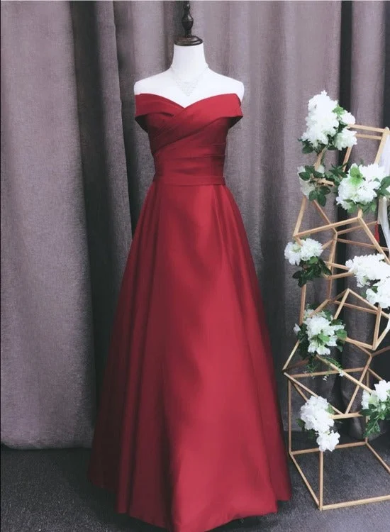 Red Satin A-line Off Shoulder Floor Length Party Dress, Red Evening Dress Prom Dress Tunics Fashionable trendy Red Satin A-line Off Shoulder Floor Length Party Dress, Red Evening Dress Prom Dress Tunics Fashionable trendy
