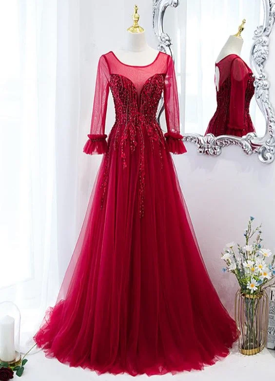 Wine Red Round Neckline Lace Beaded Long Sleeves Party Dress, A-line Wine Red Formal Dress Crew Neckline Casual Wine Red Round Neckline Lace Beaded Long Sleeves Party Dress, A-line Wine Red Formal Dress Crew Neckline Casual